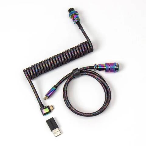 Keychron プレミアム・コイル式アビエイターUSBケーブル / L字（カラー：レインボーメッキ・ブラック） Cab-7